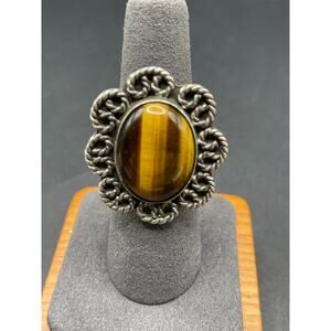 Vtg CII 925 Sterling Silver Tiger Eye Gemstone Women Flower Band Ring Sz 7